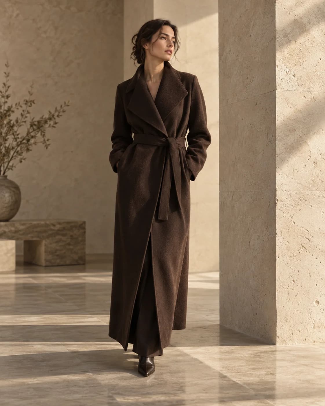 Model in a long brown wool coat standing in a sunlit stone hall