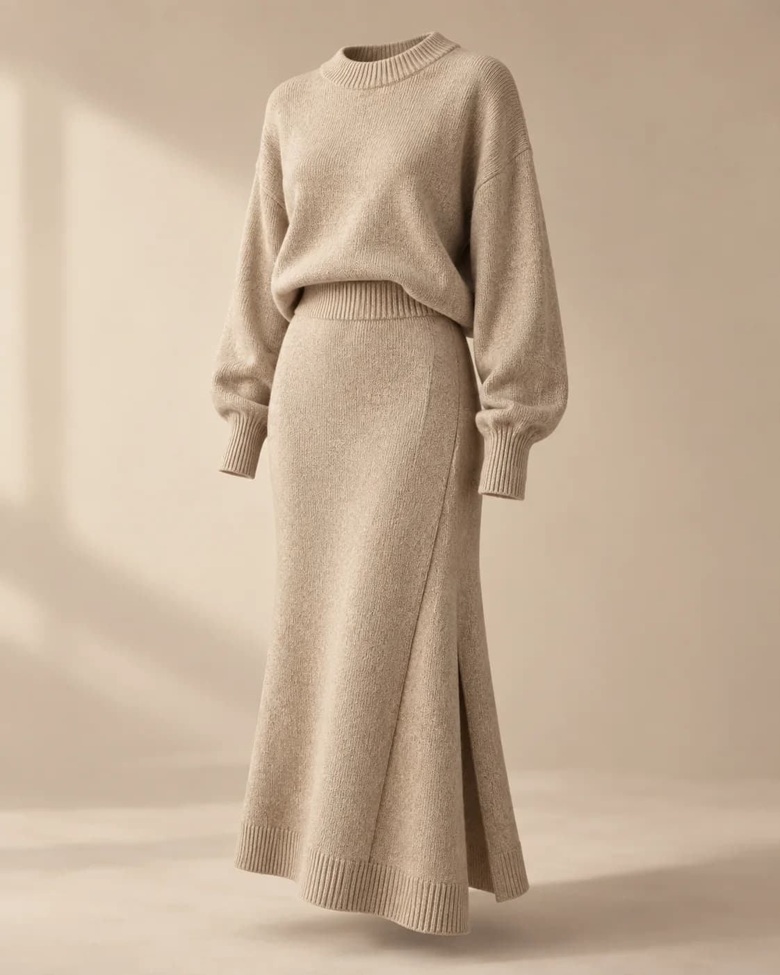 Oatmeal knit sweater and matching midi skirt set